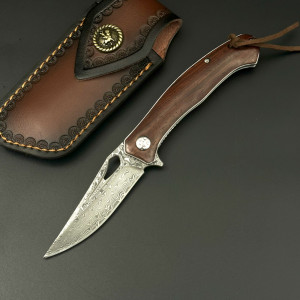 Полуавтоматичен сгъваем нож BEE DAMASK, дамаска стомана VG10, премиум клас с калъф за колан телешка кожа